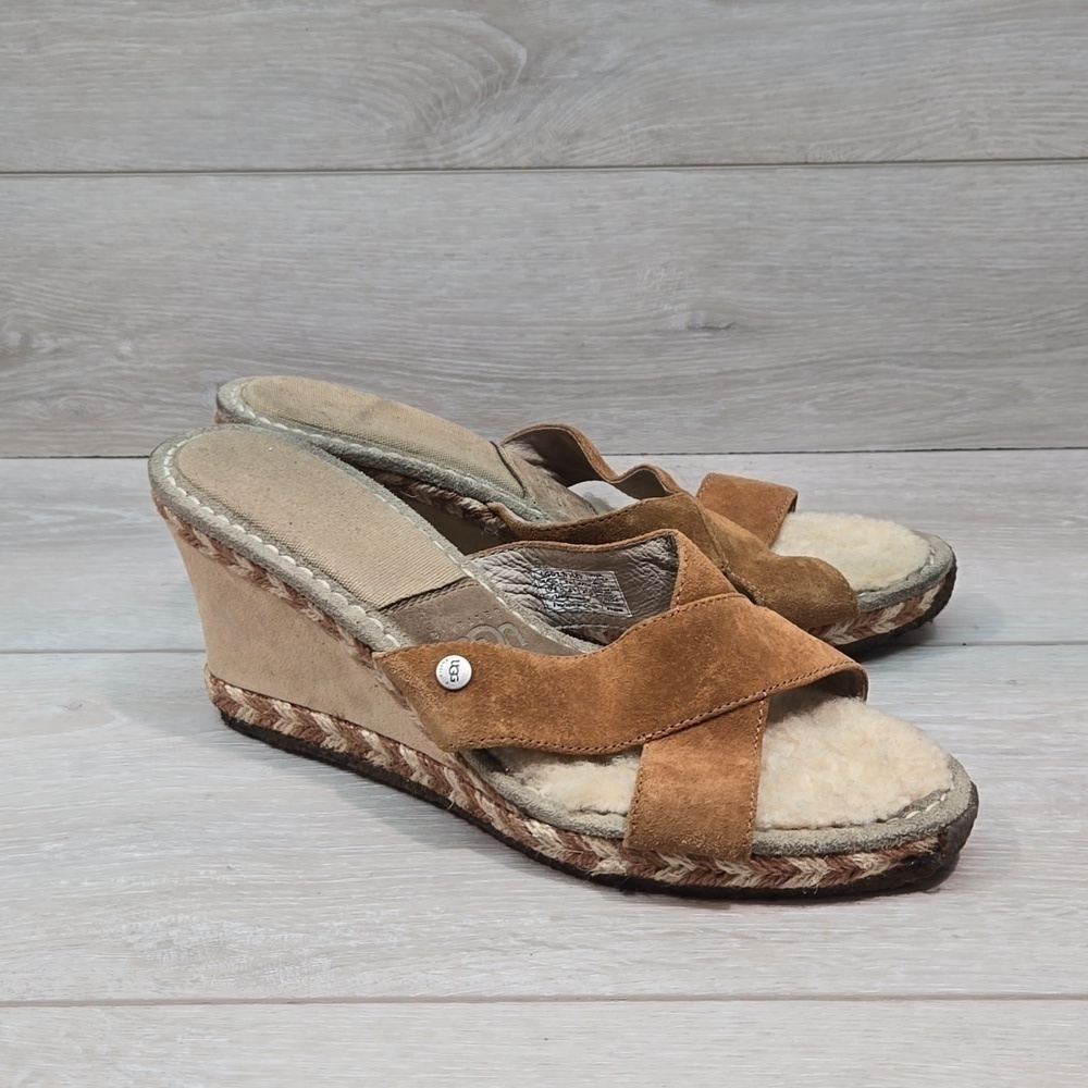 Ugg Australia Women 1689 Leather strap Sheepskin Wedge Sandals shoes sz 10